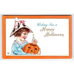 Vintage 1907-1915 Halloween Postcard Child with Jack-o'-Lantern Litho